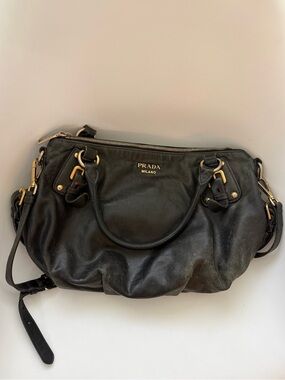 Authentic Prada Black Leather Shoulder Satchel Bag with Gold Hardware